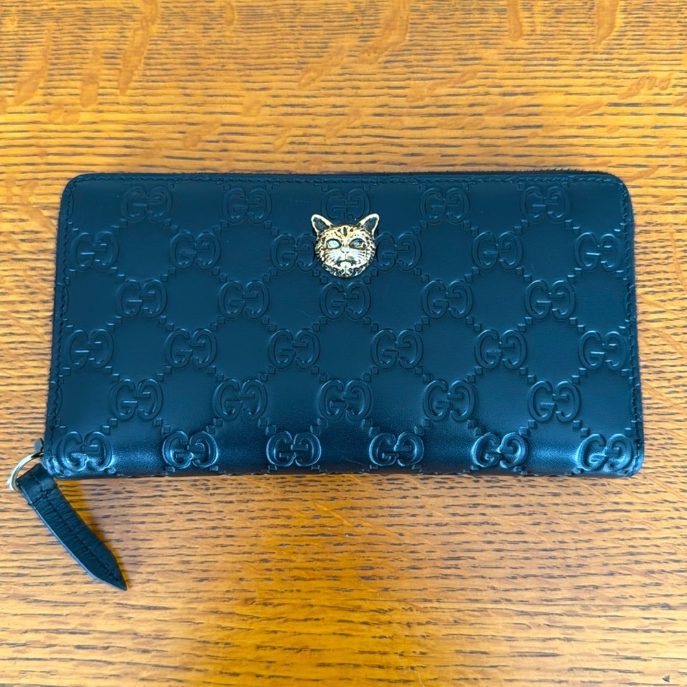 Gucci Guccissima Cat Zip Around Long Wallet Black w/ Storage Bag